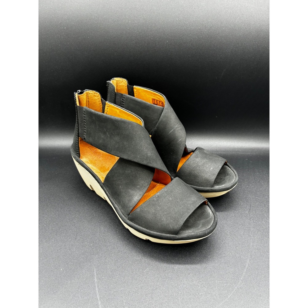 Clarks Artisan Black Nubuck Leather Wedge Sandals Peep Toe Back Zip 6.5M